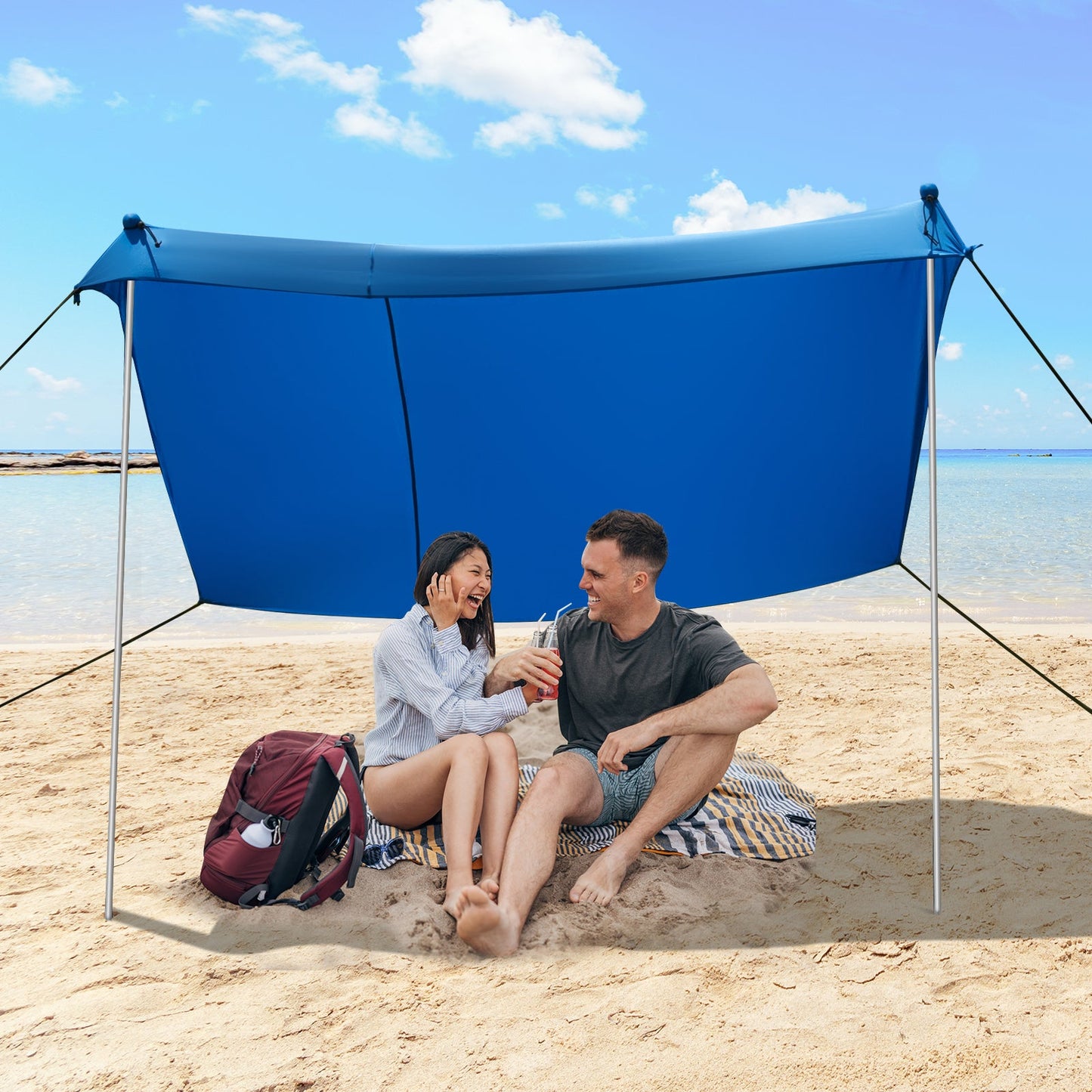 2-Size Beach Sunshade Canopy with Sandbags &amp Carry Bag for Beach Trip-Blue-300 x 280 x 200 cm