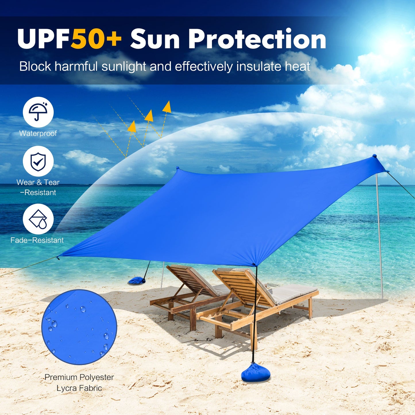 2-Size Beach Sunshade Canopy with Sandbags &amp Carry Bag for Beach Trip-Blue-300 x 280 x 200 cm