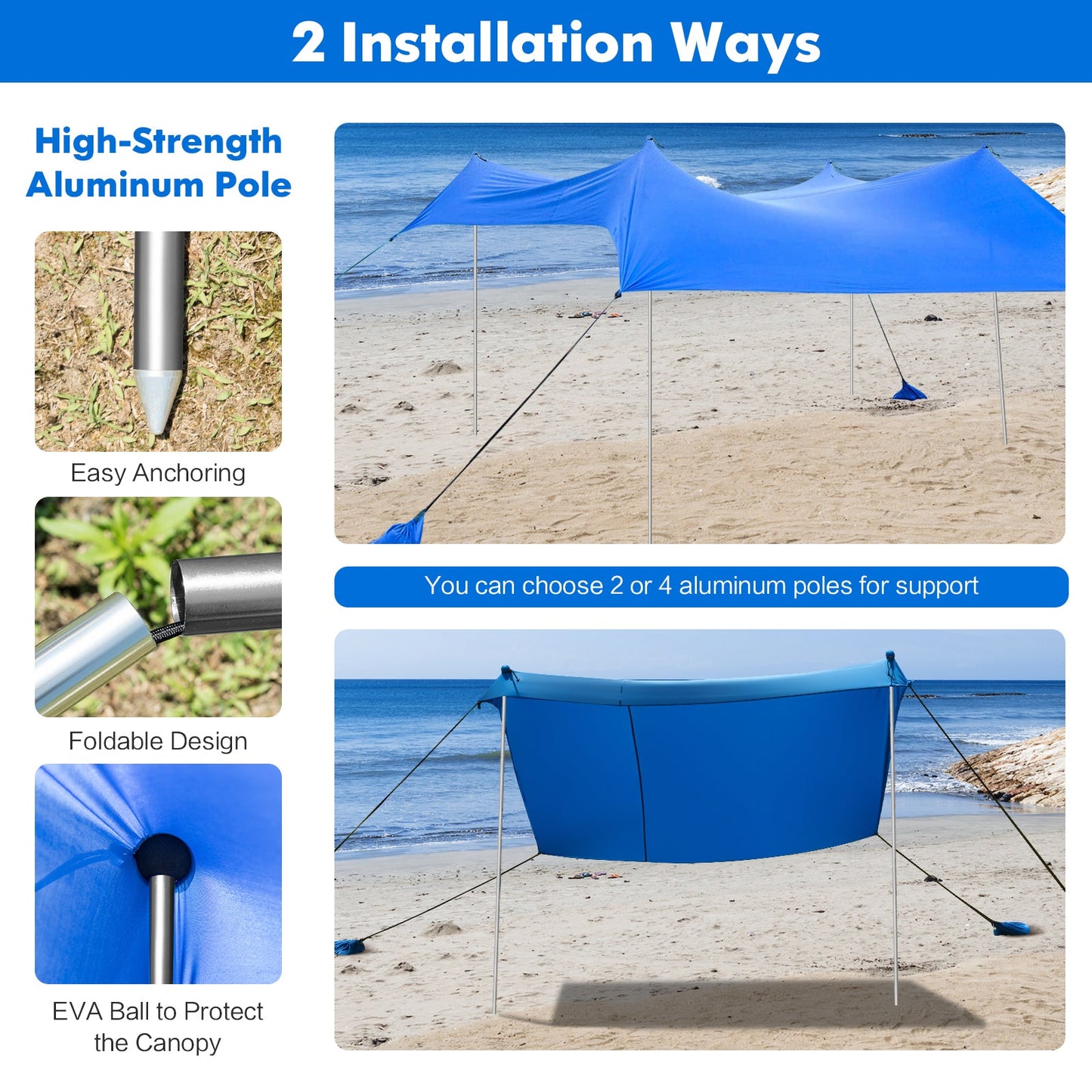 2-Size Beach Sunshade Canopy with Sandbags &amp Carry Bag for Beach Trip-Blue-300 x 280 x 200 cm