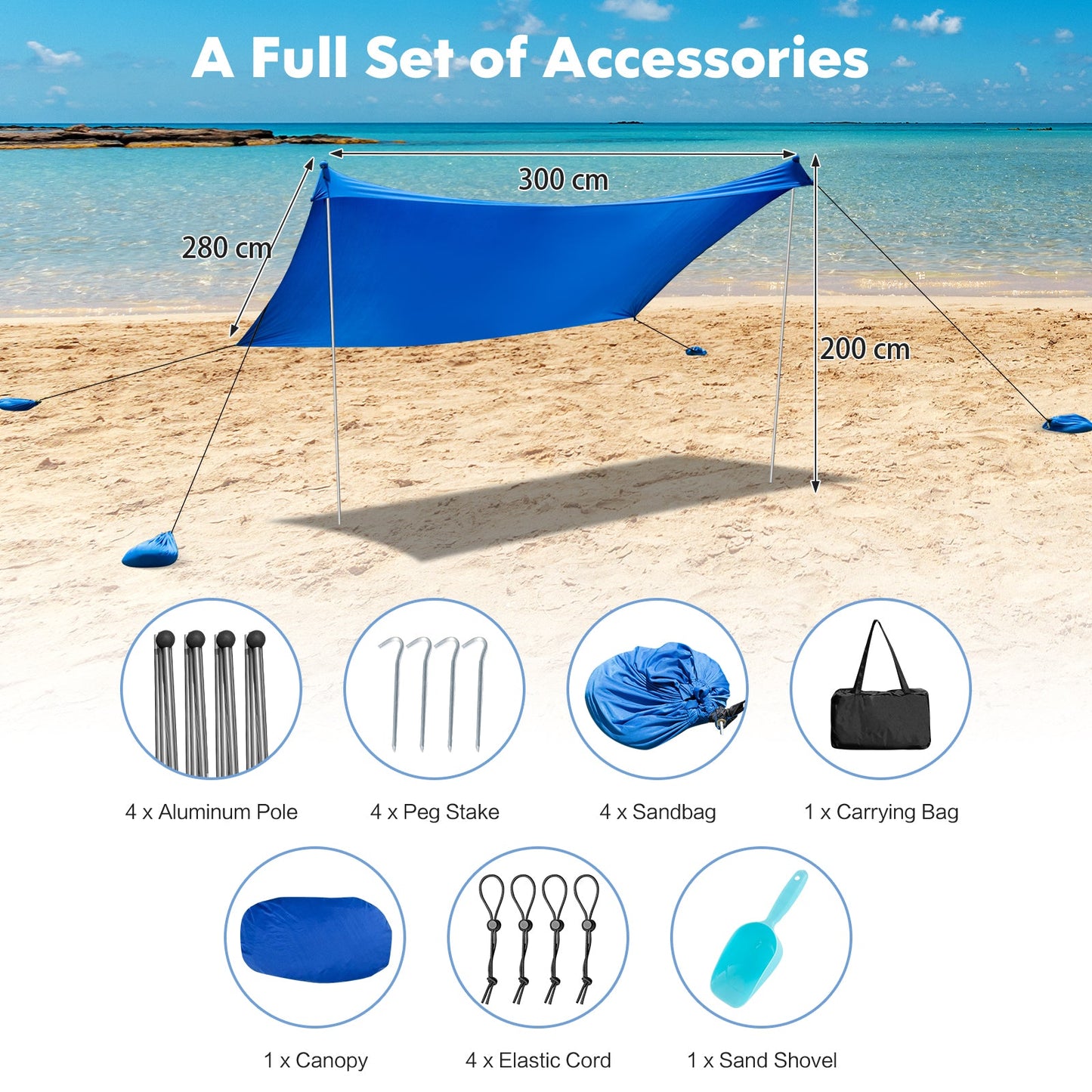 2-Size Beach Sunshade Canopy with Sandbags &amp Carry Bag for Beach Trip-Blue-300 x 280 x 200 cm