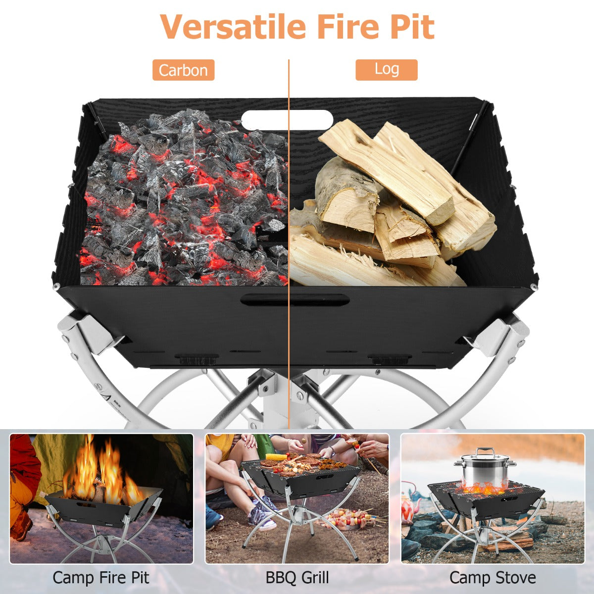 3-in-1 Portable Firewood Charcoal Fire Pit with Stainless Steel Grills