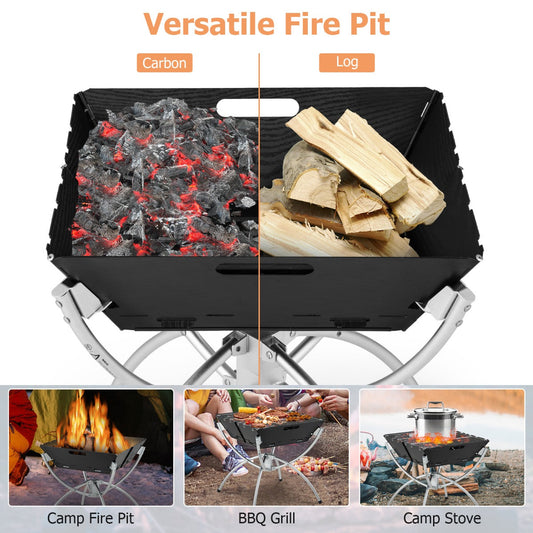 3-in-1 Portable Firewood Charcoal Fire Pit with Stainless Steel Grills
