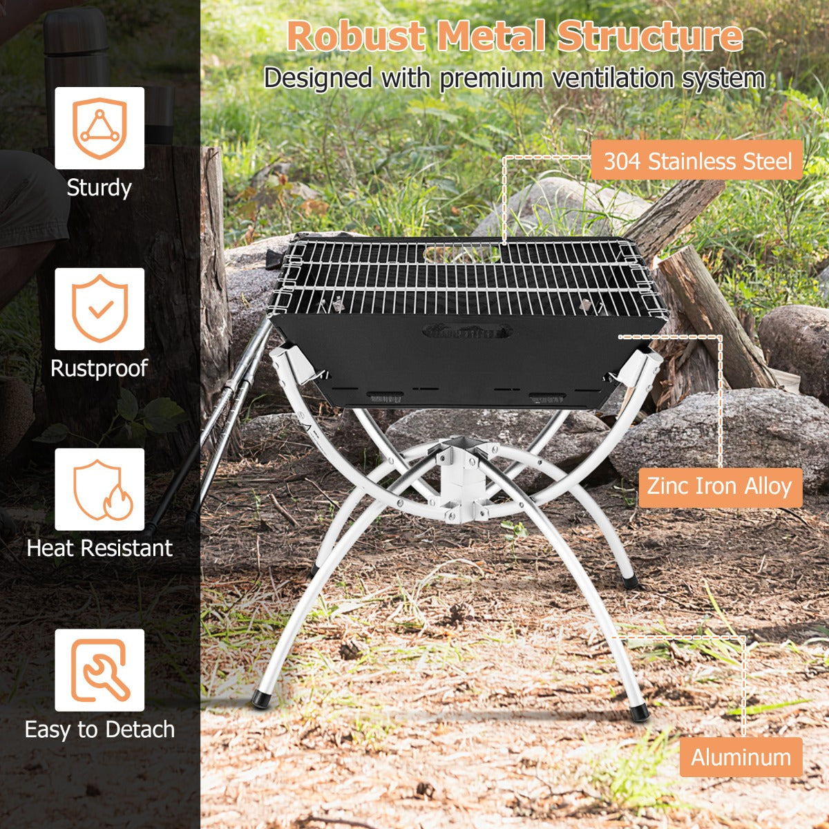 3-in-1 Portable Firewood Charcoal Fire Pit with Stainless Steel Grills